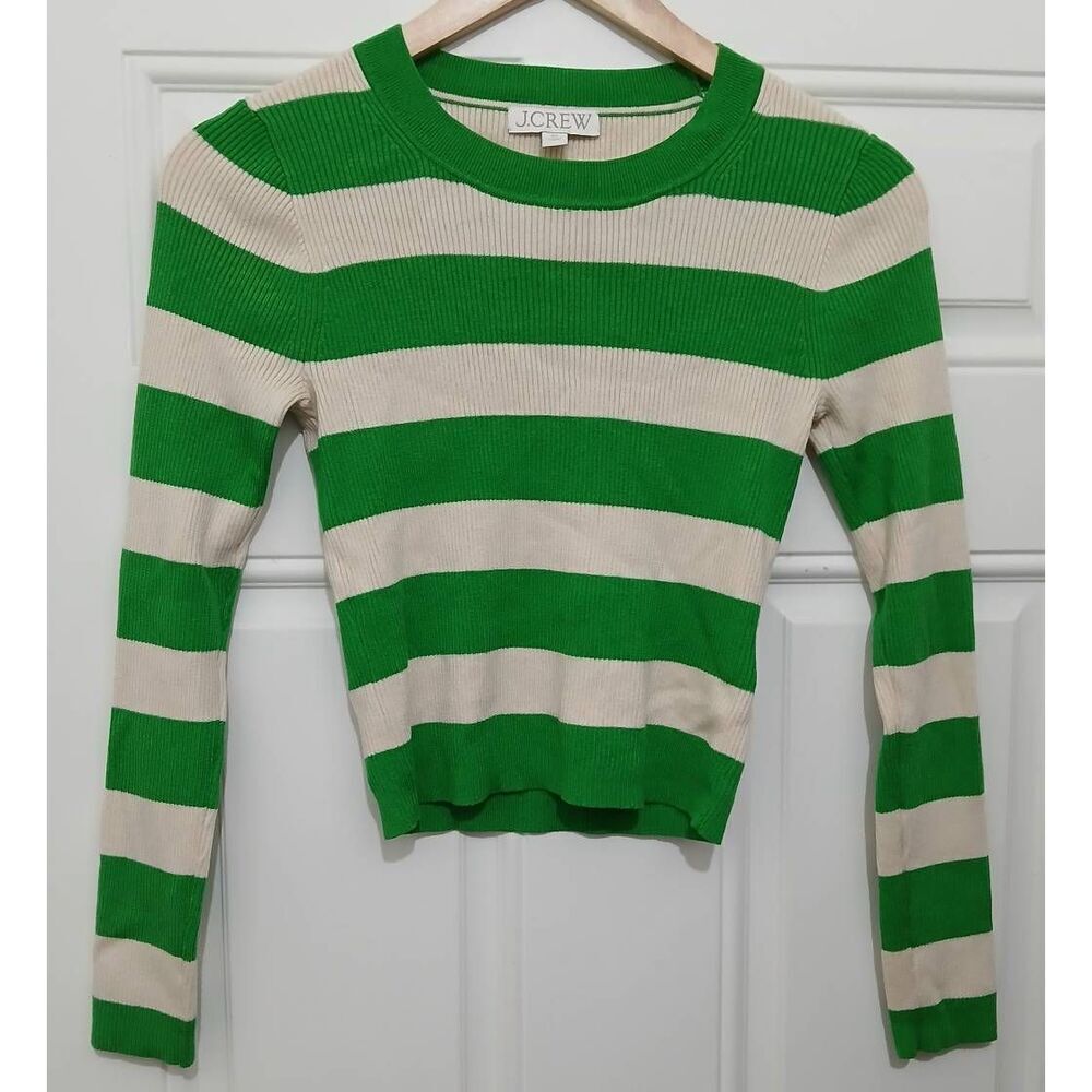 J.crew womens small green beige sweater fitted classic timeless stripe